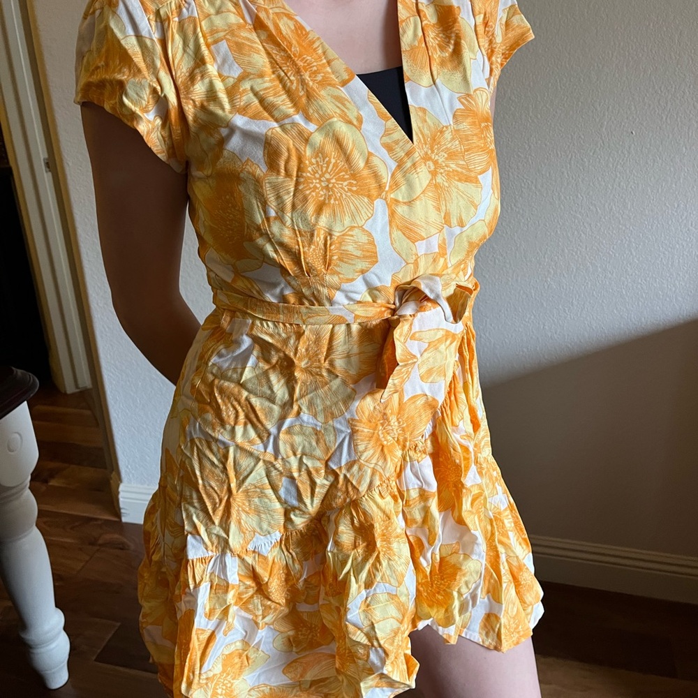 Yellow Ruffled Wrap Sundress with Flutter Sleeves